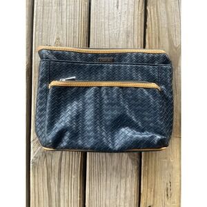 Joan & David Navy Blue And Tan Woven Cosmetic Bag‎ Makeup Toiletries